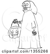 Poster, Art Print Of Cartoon Black And White Halloween Skeleton Wearing A Hood And Carrying A Pumpkin Basket