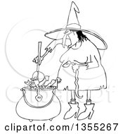 Poster, Art Print Of Cartoon Black And White Halloween Witch Adding A Snake Into Her Brew