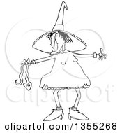 Outline Clipart Of A Cartoon Black And White Chubby Warty Halloween Witch Holding A Snake Royalty Free Lineart Vector Illustration