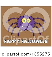 Poster, Art Print Of Cartoon Purple Spider Over Happy Halloween Text On Brown Halftone