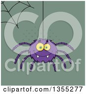 Poster, Art Print Of Cartoon Happy Purple Spider And Web Over Green And Halftone