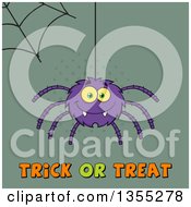 Poster, Art Print Of Cartoon Purple Spider And Web Over Trick Or Treat Text On Green Halftone