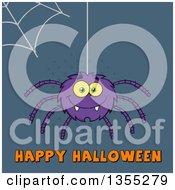 Clipart Of A Cartoon Purple Spider Over Happy Halloween Text On Blue Halftone Royalty Free Vector Illustration