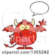 Clipart Of A Cartoon Winged Devil Talking And Waving Royalty Free Vector Illustration by Hit Toon