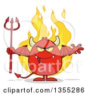 Cartoon Winged Devil Welcoming And Holding A Trident Over Flames