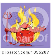 Poster, Art Print Of Cartoon Winged Devil Welcoming And Holding A Trident Over Flames And Purple Halftone