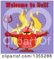 Poster, Art Print Of Cartoon Winged Devil Welcoming And Holding A Trident Over Flames And Purple Halftone With Welcome To Hell Text