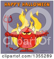 Poster, Art Print Of Cartoon Winged Devil Welcoming And Holding A Trident Over Flames And Purple Halftone With Happy Halloween Text