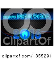 Poster, Art Print Of Happy New Year 2016 Greeting In Blue Neon With A Power Button Over Perforated Metal