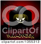 Clipart Of A Grinning Jackolantern Pumpkin Against A Tombstone With A Bare Tree Branch Noose Vampire Bats And Halloween Text Over Red Royalty Free Vector Illustration