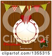 Poster, Art Print Of Suspended Christmas Bauble Frame With Holly Bunting Banner And Merry Christmas And Happy New Year Text Over Wood