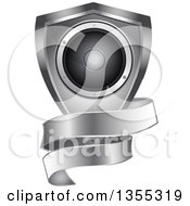 Poster, Art Print Of 3d Music Speaker In A Silver Shield With A Blank Ribbon Banner