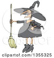 Cartoon Chubby Warty Halloween Witch Holding A Broom And Cat