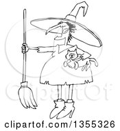 Outline Clipart Of A Cartoon Black And White Chubby Warty Halloween Witch Holding A Broom And Cat Royalty Free Lineart Vector Illustration
