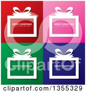 Poster, Art Print Of White Gift Boxes With Merry Christmas And A Happy New Year Greetings Over Red Pink Green And Blue Backgrounds
