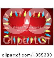 Clipart Of A Merry Christmas And A Happy New Year Greeting With A Tree In A Colorful Light Frame Over Red Royalty Free Vector Illustration by michaeltravers