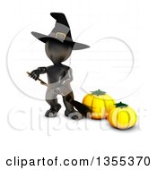 Poster, Art Print Of 3d Reflective Black Witch Holding A Broom By Pumpkins On A White Background With Faint Grid Lines