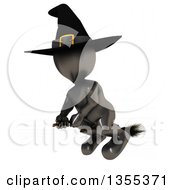 Poster, Art Print Of 3d Reflective Black Witch Flying On A Broomstick On A White Background With Faint Lines