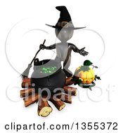 Poster, Art Print Of 3d Reflective Black Witch Holding A Broom By Pumpkins And A Cauldron Full Of Eyeballs On A White Background