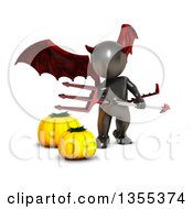 Clipart Of A 3d Reflective Black Demon Holding A Pitchfork Over Pumpkins On A White Background Royalty Free Illustration