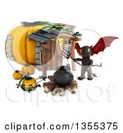 Poster, Art Print Of 3d Reflective Black Demon Holding A Pitchfork Over A Cauldron At A Pumpkin House On A White Background