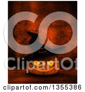 Poster, Art Print Of 3d Halloween Jackolantern Pumpkin Wearing A Witch Hat Over A Grunge Background