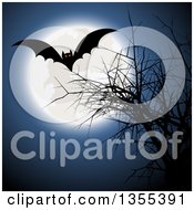 Poster, Art Print Of Flying Halloween Vampire Bat Over A Bare Tree And A Full Moon