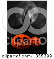 Clipart Of 3d Halloween Jackolantern Pumpkins With A Blurred Silhouetted Haunted Castle Under A Full Moon Royalty Free Illustration by KJ Pargeter