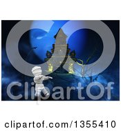 Clipart Of A 3d Mummy Walking In A Graveyard Of A Haunted Halloween Castle Under A Fictional Moon Royalty Free Illustration