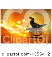 Poster, Art Print Of 3d Halloween Jackolantern Pumpkin Wearing A Witch Hat Over Orange Sparkles
