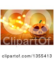 Poster, Art Print Of 3d Halloween Jackolantern Pumpkin On A Wood Table Over Orange Sparkles