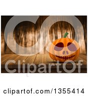 Poster, Art Print Of 3d Halloween Jackolantern Pumpkin On A Wood Table Over A Foggy Forest