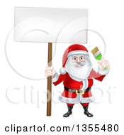 Poster, Art Print Of Christmas Santa Claus Holding A Green Paintbrush And Blank Sign