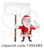 Poster, Art Print Of Happy Christmas Santa Holding An Adjustable Wrench Tool And Blank Sign