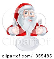 Clipart Of A Happy Hungry Christmas Santa Claus Sitting With A Clean Plate And Holding Silverware Royalty Free Vector Illustration by AtStockIllustration