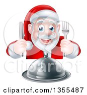 Happy Hungry Christmas Santa Claus Sitting With A Cloche Platter And Holding Silverware