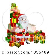 Poster, Art Print Of Cartoon Happy Christmas Santa Claus Holding A Parchment Scroll And Quill Pen In A Pile Of Gifts