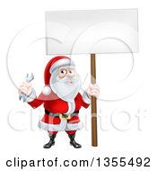 Clipart Of A Happy Christmas Santa Holding A Spanner Wrench And Blank Sign Royalty Free Vector Illustration