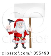 Christmas Santa Claus Holding A Window Cleaning Squeegee And Blank Sign