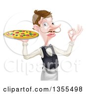Poster, Art Print Of Cartoon Caucasian Male Waiter With A Curling Mustache Holding A Pizza On A Tray And Gesturing Ok