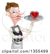 Clipart Of A Cartoon Caucasian Male Waiter With A Curling Mustache Holding A Red Love Heart On A Tray And Pointing Royalty Free Vector Illustration