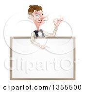 Poster, Art Print Of Cartoon Caucasian Male Waiter With A Curling Mustache Gesturing Ok And Pointing Down Over A Blank Menu Sign