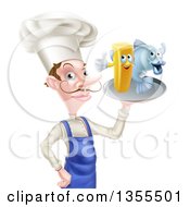 White Male Chef With A Curling Mustache Holding Fish And A French Fry Character On A Tray