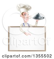 Poster, Art Print Of Snooty White Male Chef With A Curling Mustache Holding A Silver Cloche Platter And Pointing Down Over A Blank Menu Sign