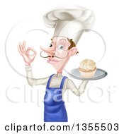 Poster, Art Print Of Snooty White Male Chef With A Curling Mustache Holding A Cupcake On A Tray And Gesturing Okay