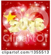 Poster, Art Print Of 3d Gold New Year 2016 Burst Over A Chinese Flag And Fireworks