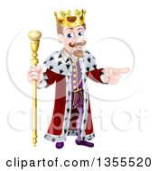 Clipart Of A Happy Caucasian King Holding A Staff And Pointing To The Right Royalty Free Vector Illustration