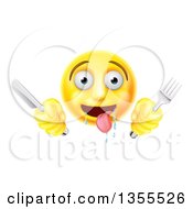 Poster, Art Print Of 3d Yellow Hungry Male Smiley Emoji Emoticon Holding A Knife And Fork