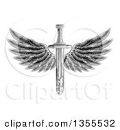 Clipart Of A Black And White Vintage Engraved Or Woodcut Winged Sword Royalty Free Vector Illustration by AtStockIllustration