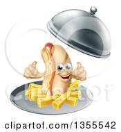 3d Hot Dog Character Giving A Thumb Up With A Side Of French Fries Being Served In A Cloche Platter